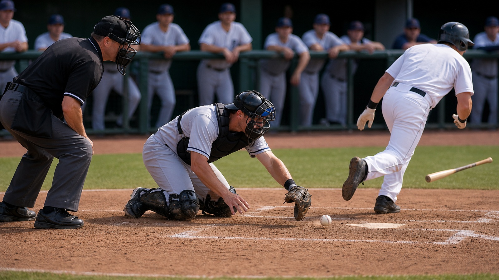 Ultra photorealistic baseball rules scene for Dropped Third Strike Rule Explained