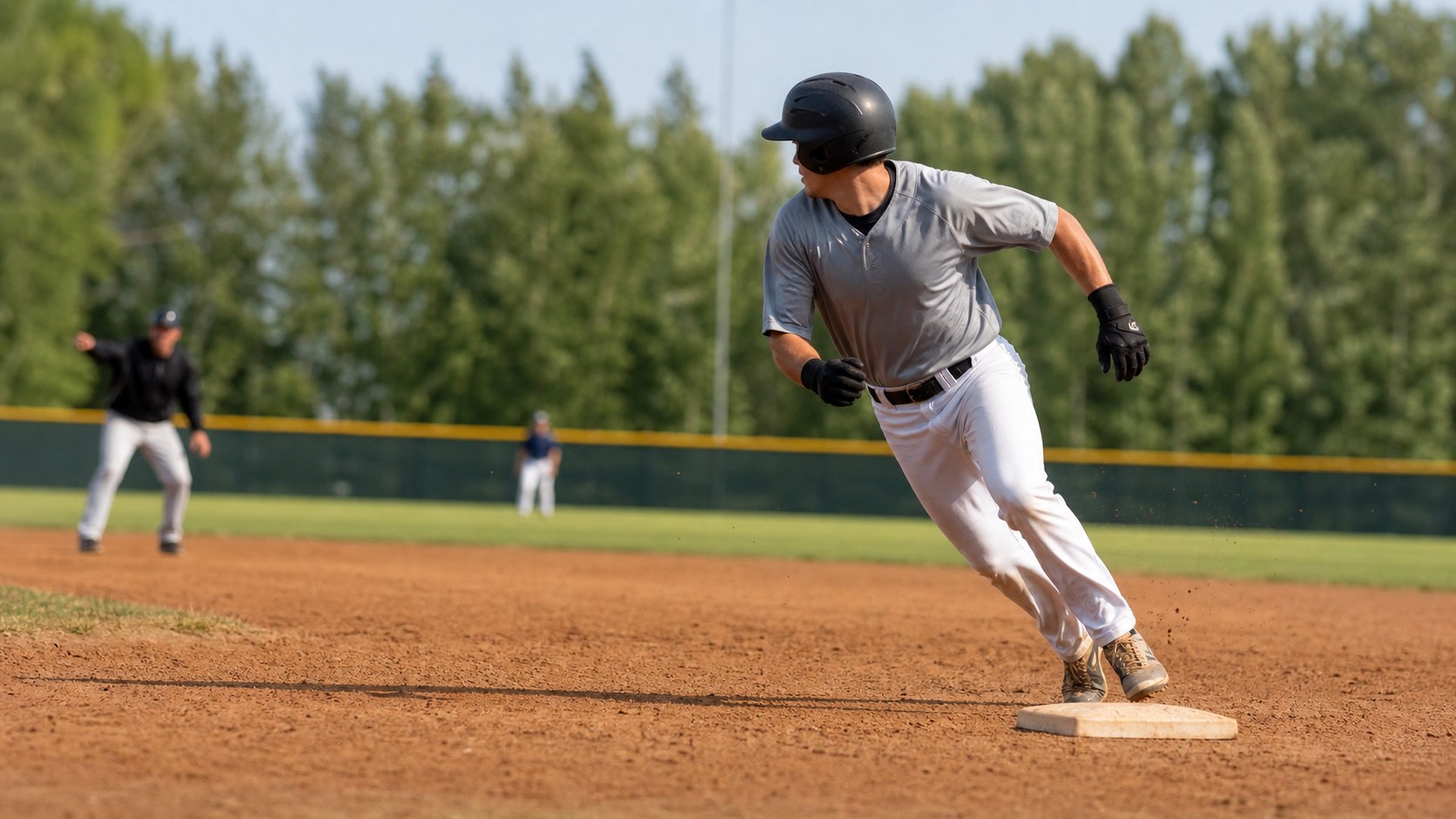 Base runner rounding second base while watching the outfield play develop