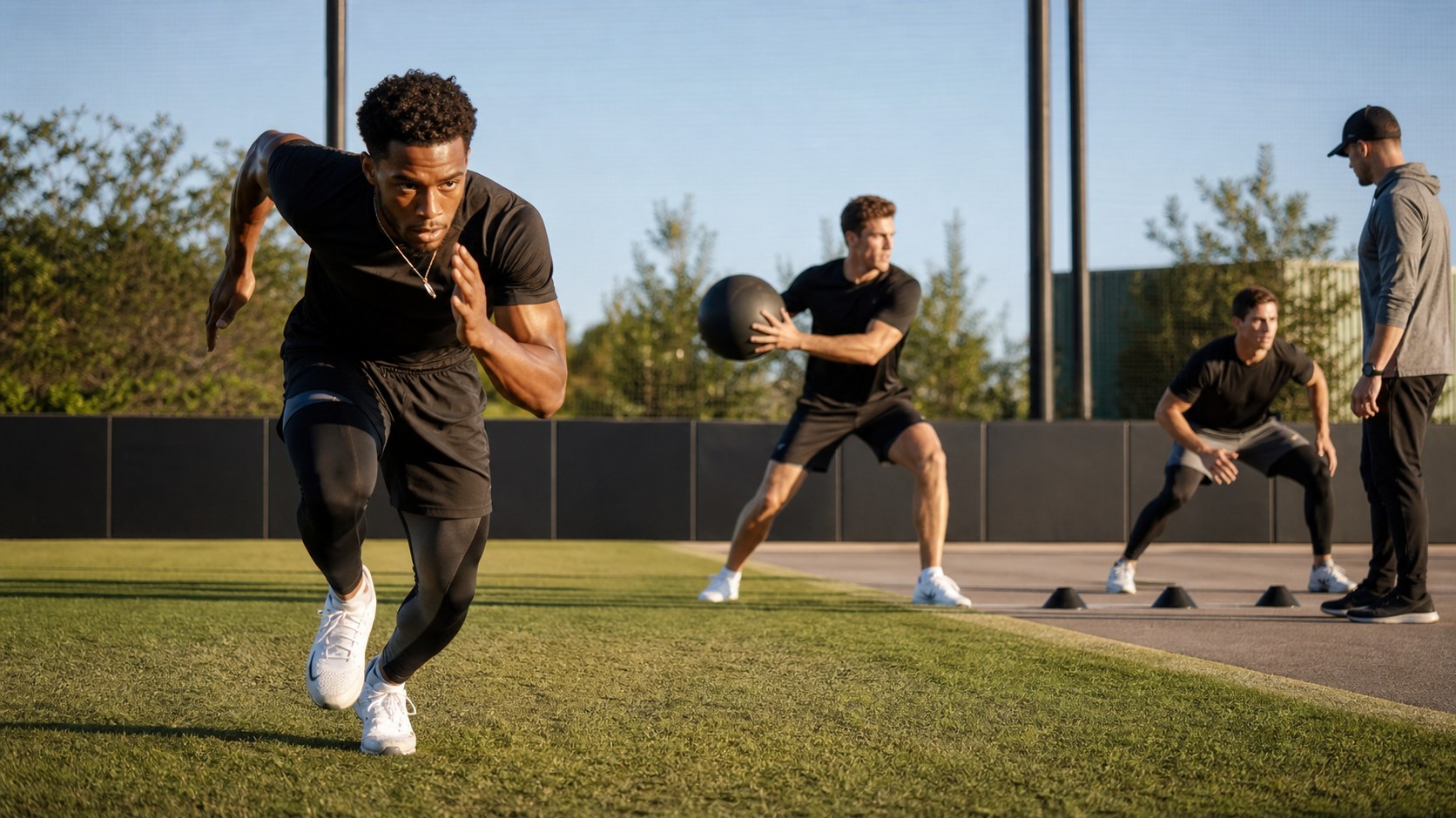 Baseball athletes performing supervised sprint and medicine ball training on an outdoor field