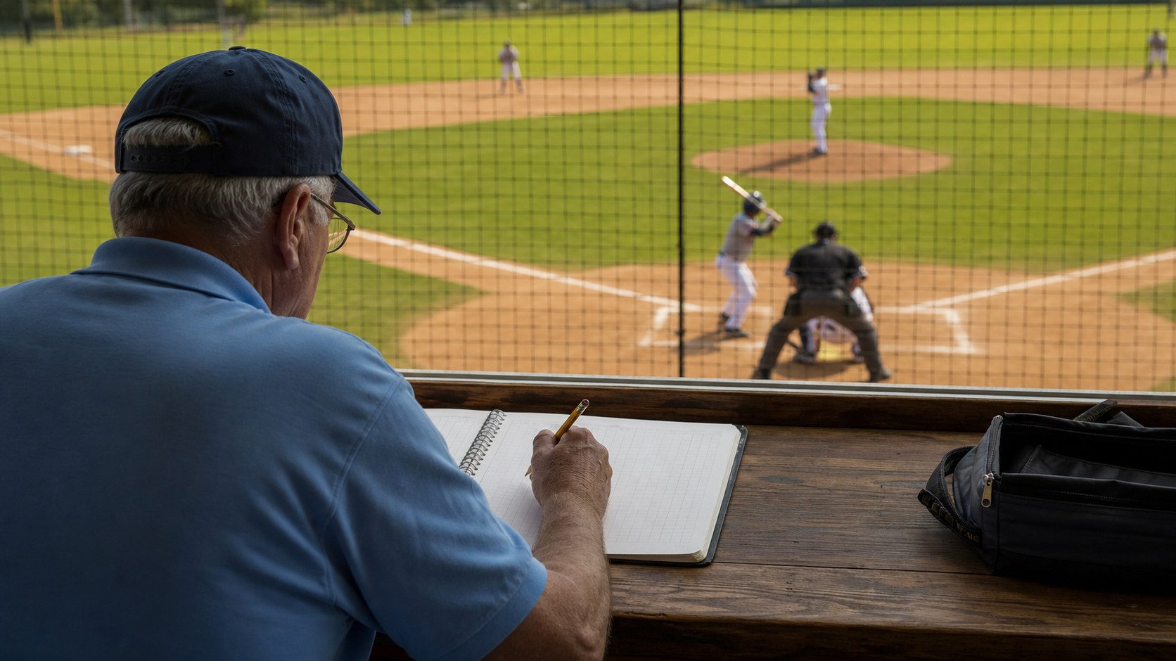 Baseball scorekeeper recording a live game in a paper scorebook from behind home plate