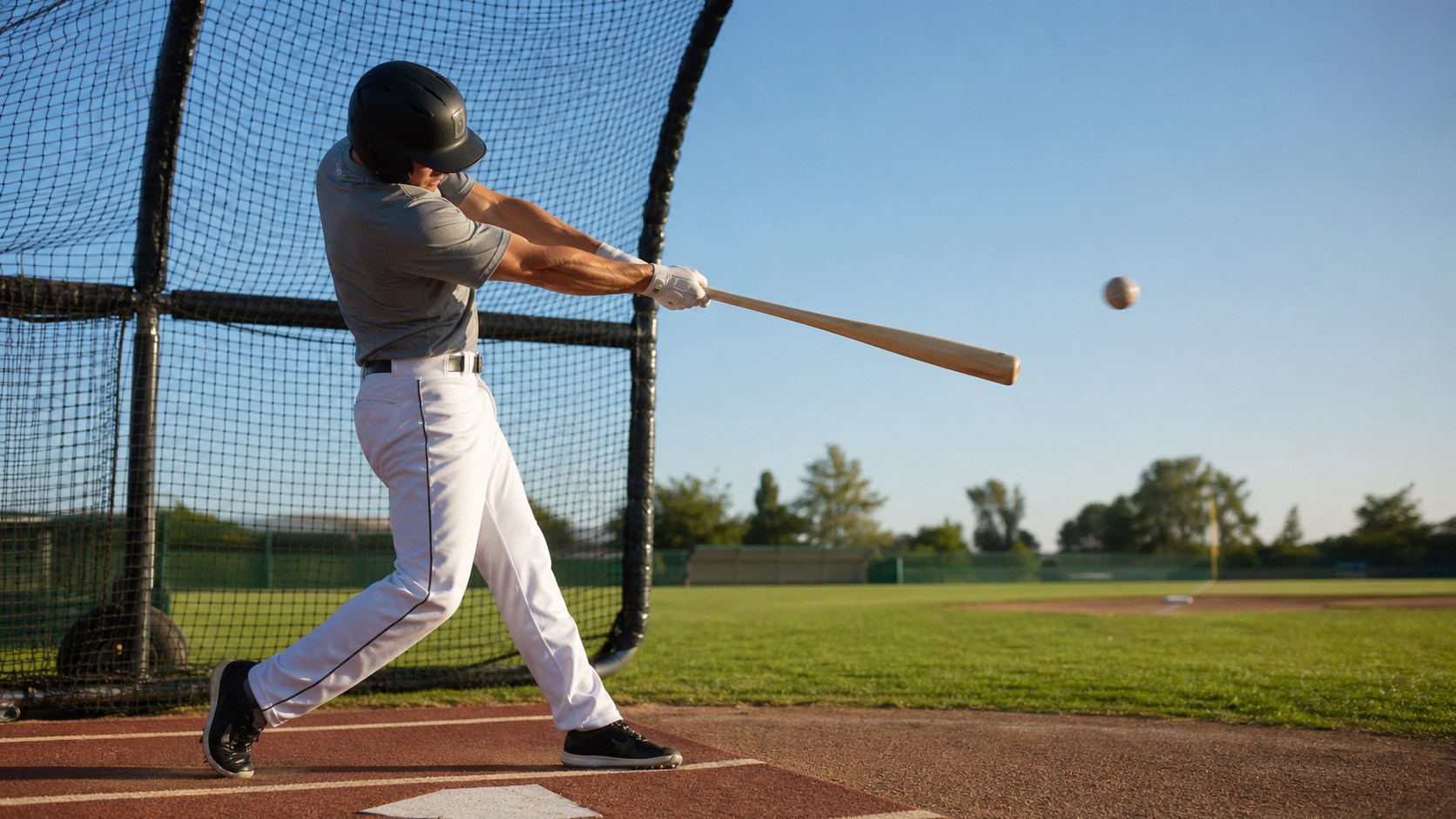 Hitter driving a baseball during a high-speed batting practice swing