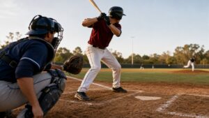 Catcher studying a hitter from behind home plate before calling the next pitch