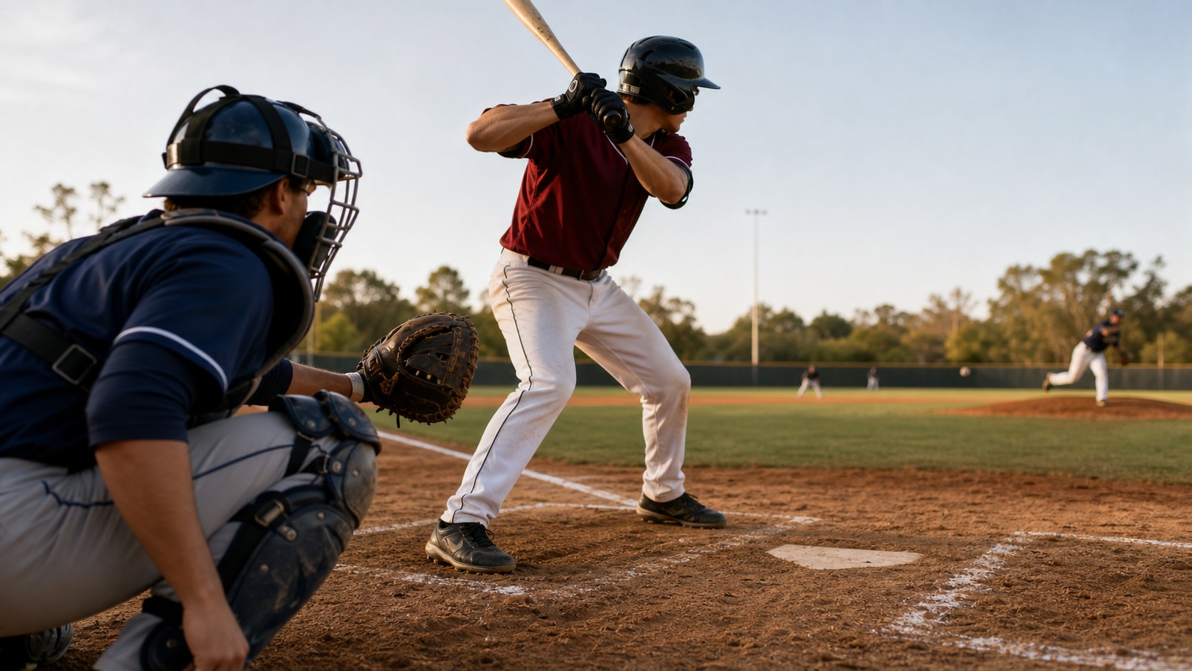 Catcher studying a hitter from behind home plate before calling the next pitch