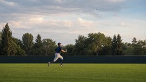 Center fielder tracking a deep fly ball across the outfield grass