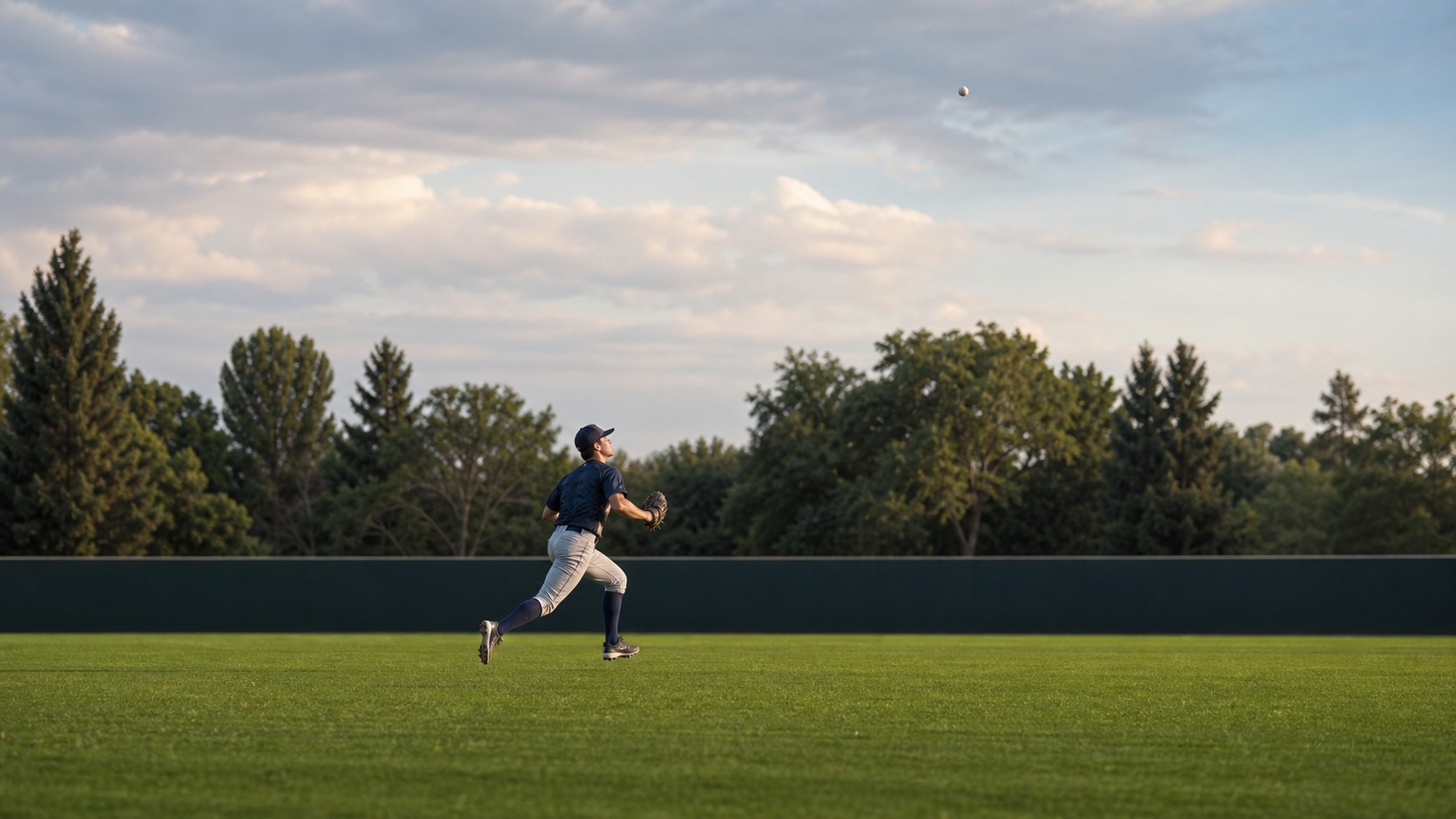 Center fielder tracking a deep fly ball across the outfield grass