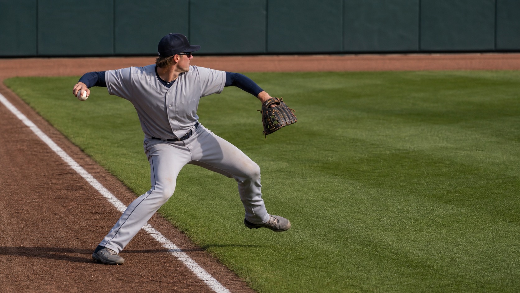 Corner outfielder preparing to throw from near the outfield line