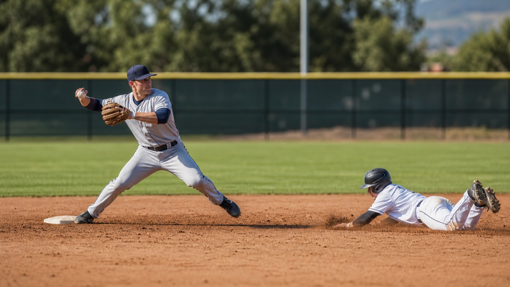 Infielder pivots at second base while a runner slides during a double play