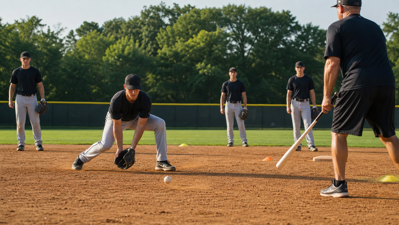 Infielders rotating through ground-ball drill stations during baseball practice