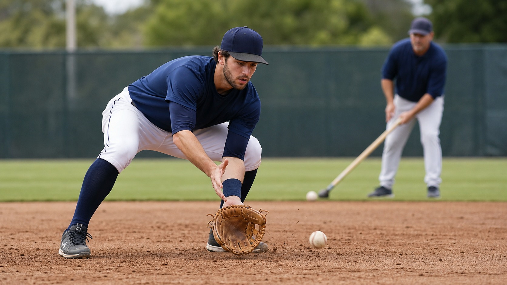 Infielder reacting to a short-hop drill during defensive practice