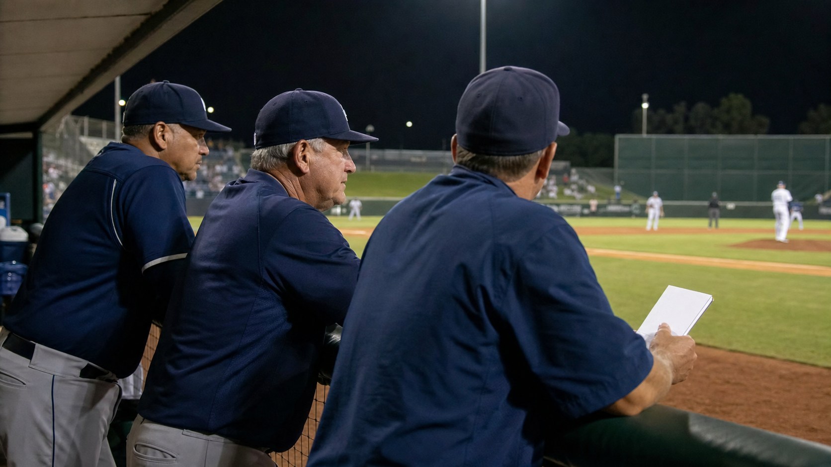 Baseball manager and bench studying a late-inning tie game from the dugout