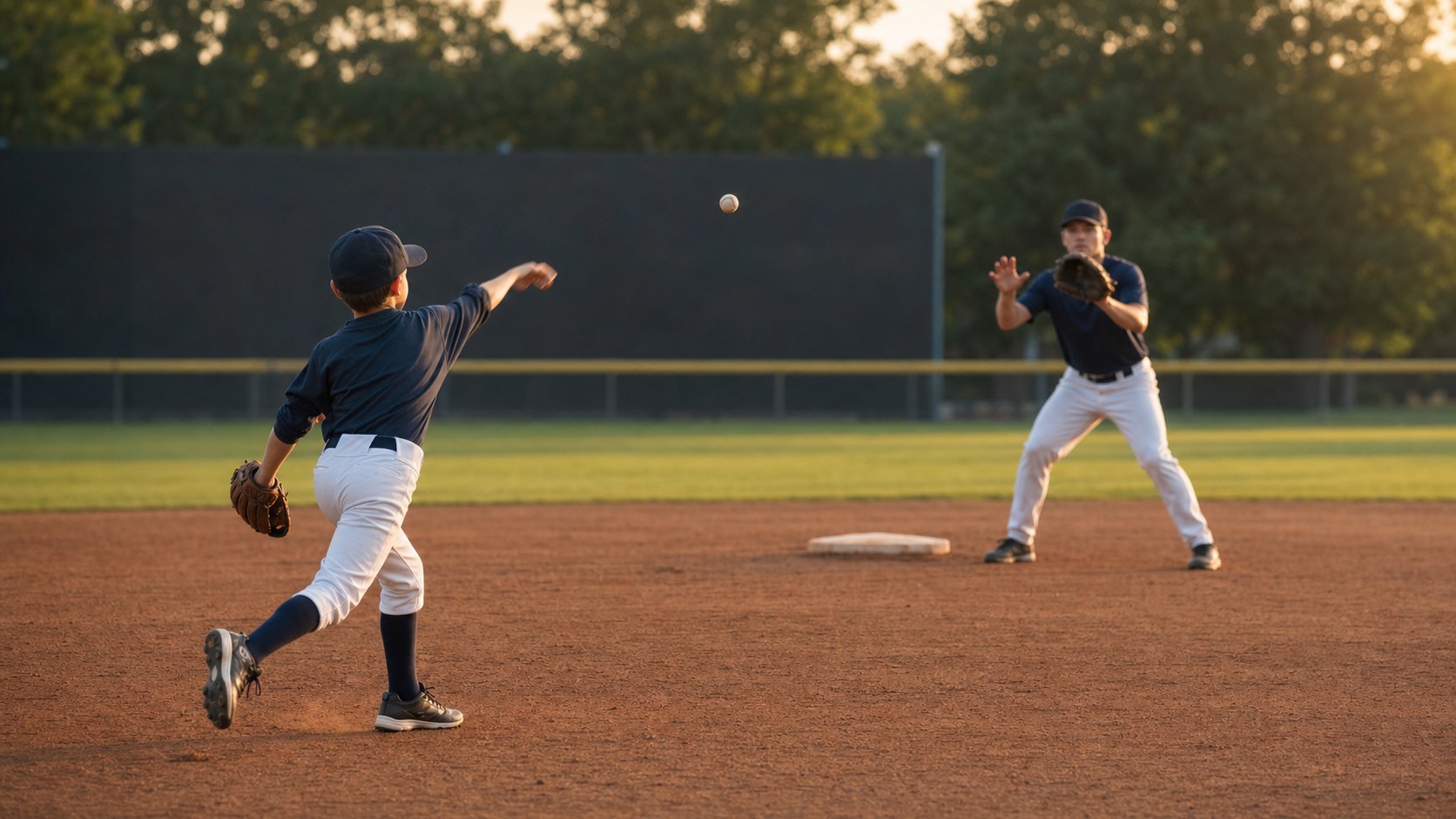Young baseball player and high school player practicing throws together across a larger infield