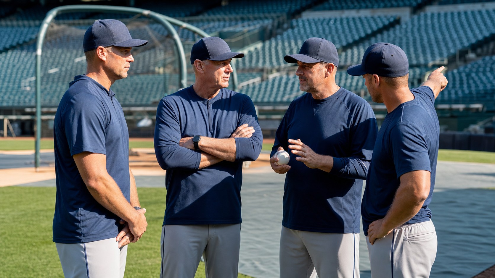 Professional baseball coaches conferring together along the dugout rail before a game