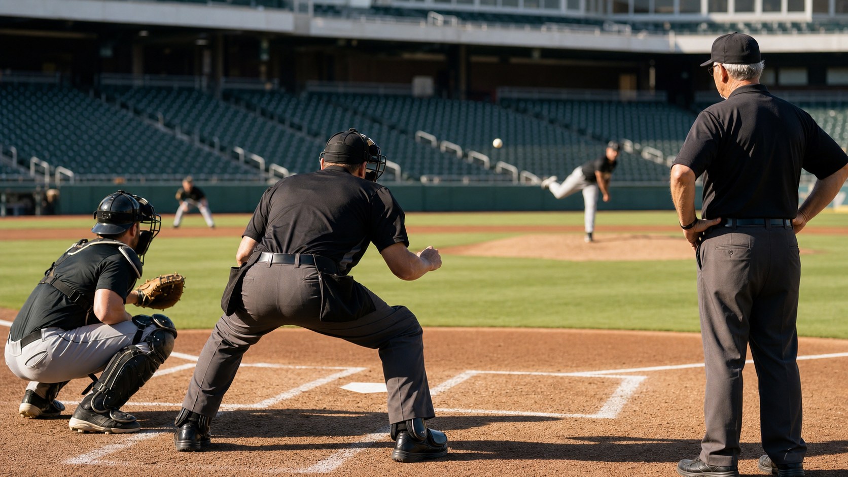 Professional baseball umpire practicing plate positioning with an instructor on an empty field