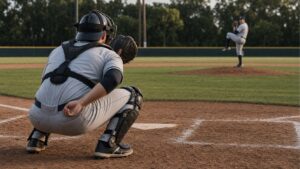 Catcher giving signs before a pitch during a baseball game
