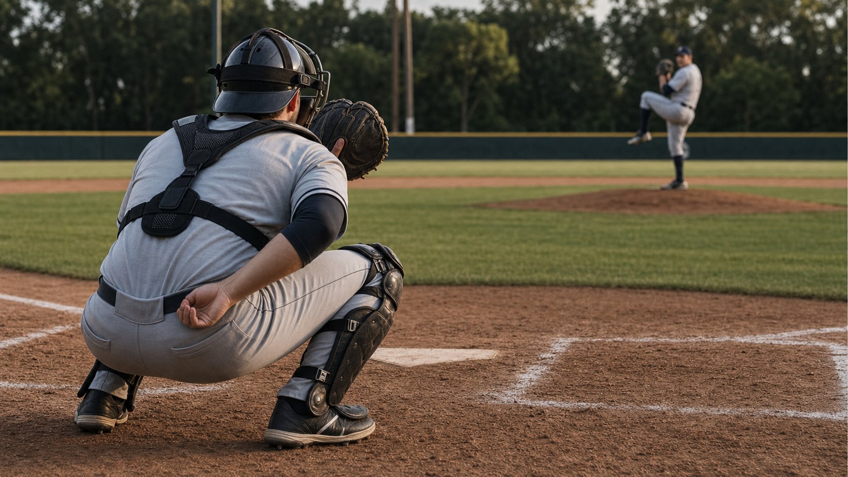 Catcher giving signs before a pitch during a baseball game