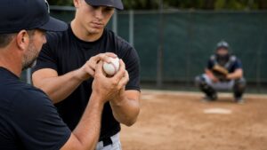 Pitcher demonstrating a baseball grip during bullpen instruction