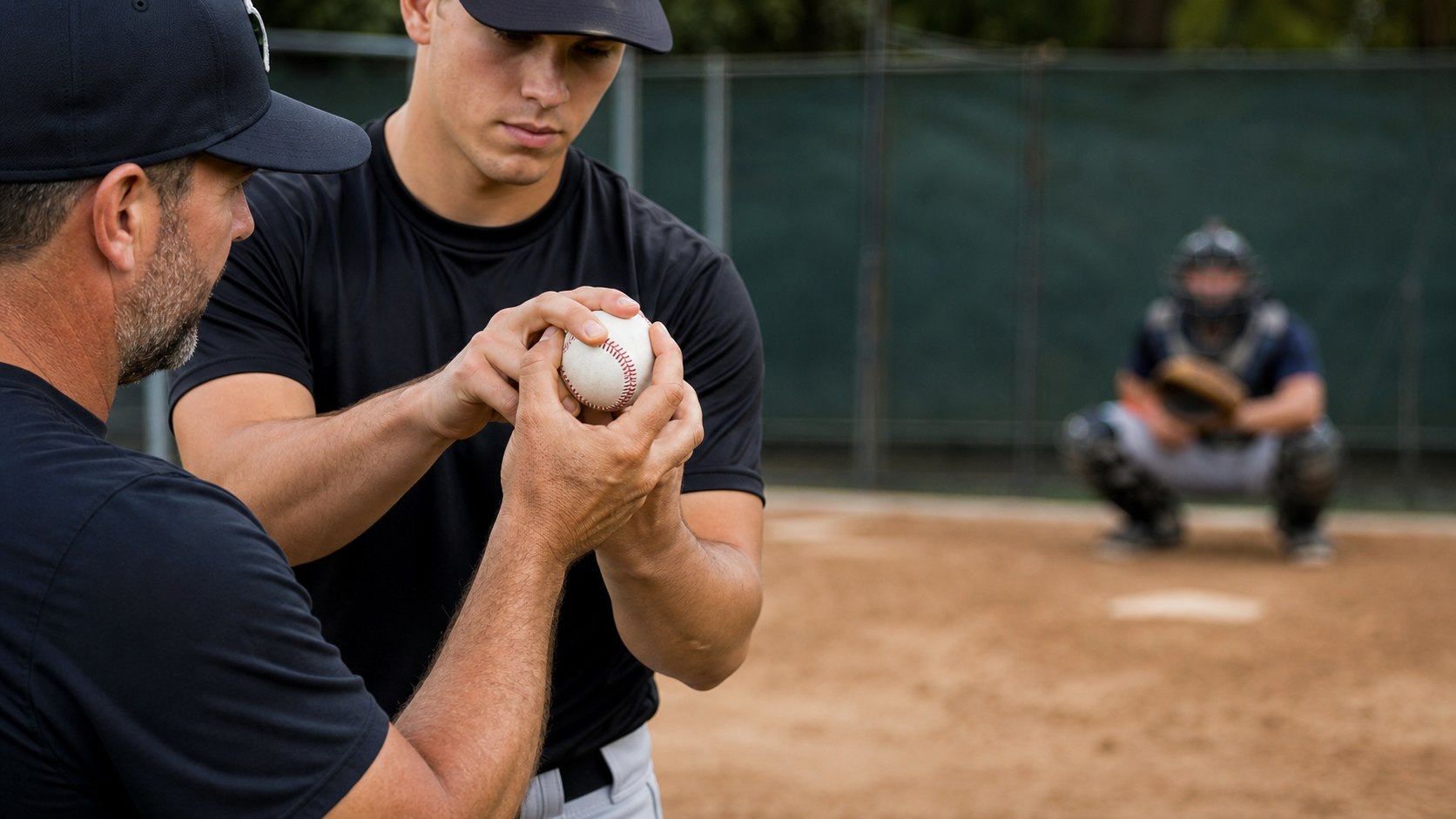 Pitcher demonstrating a baseball grip during bullpen instruction