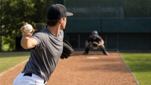 Pitcher releasing a baseball during a bullpen session with catcher in the background