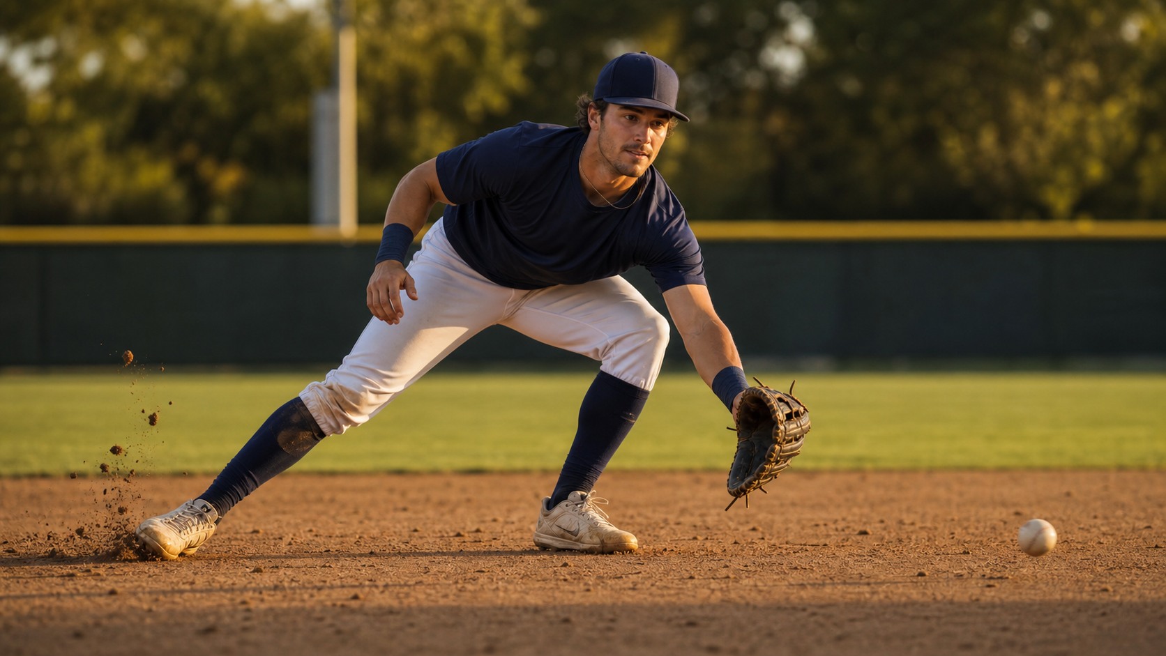 Infielder ranging across the dirt during a professional-style defensive practice