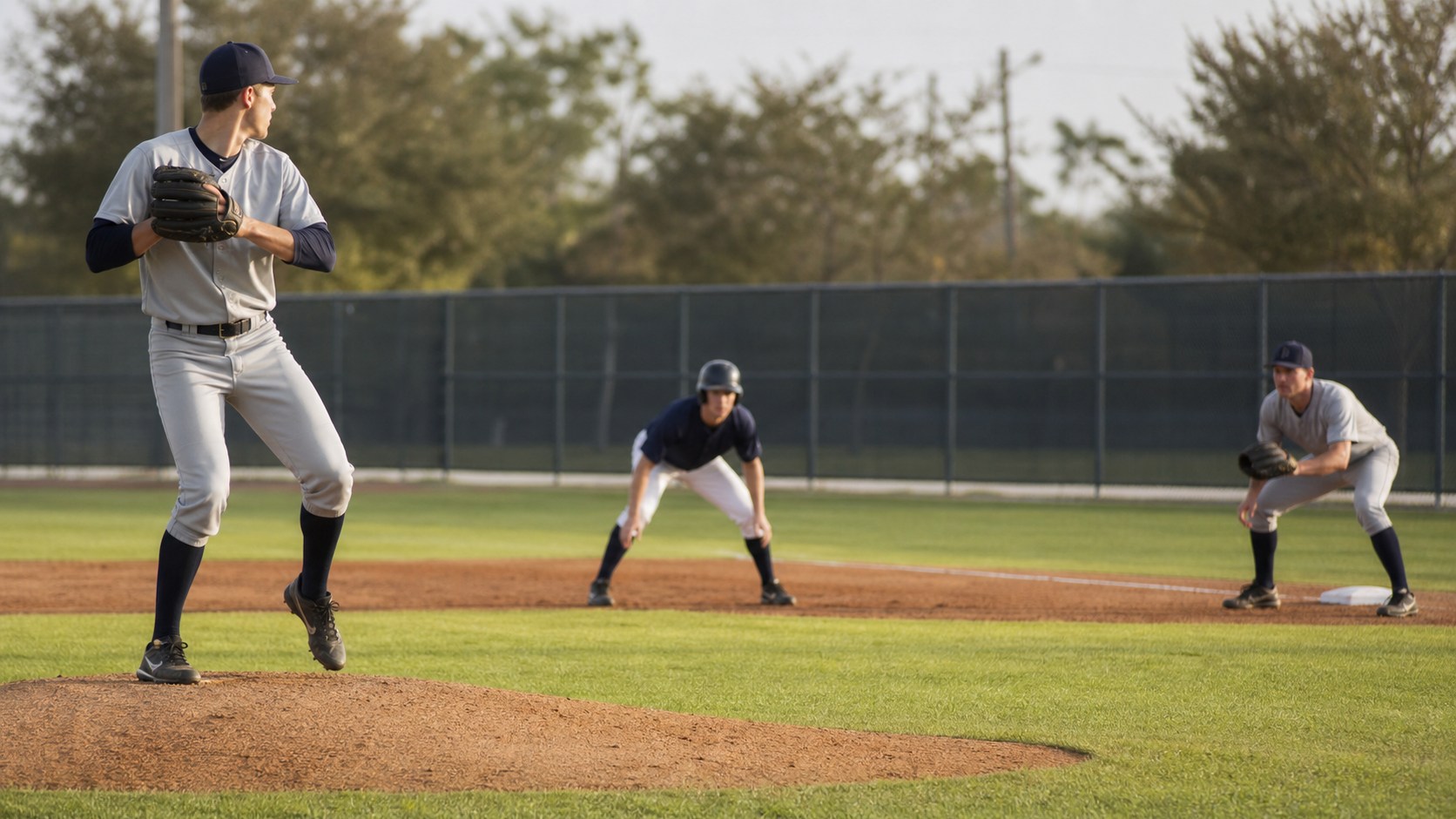Runner taking a careful lead as a left-handed pitcher watches first base