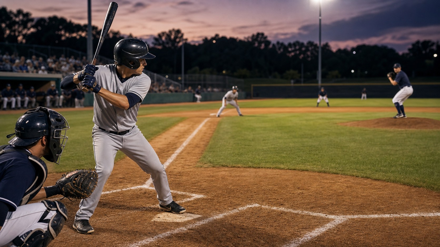 Baseball hitter studying the pitcher with runners on base during a late-inning at-bat