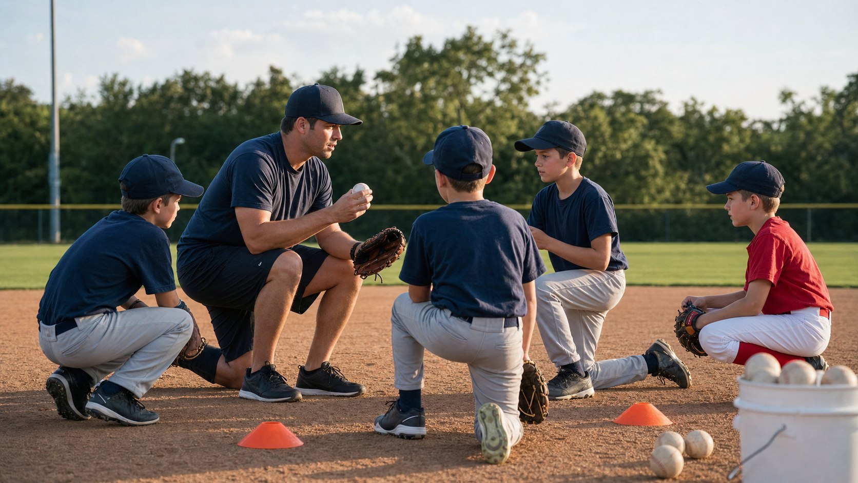 Youth baseball coach leading a player development station during practice