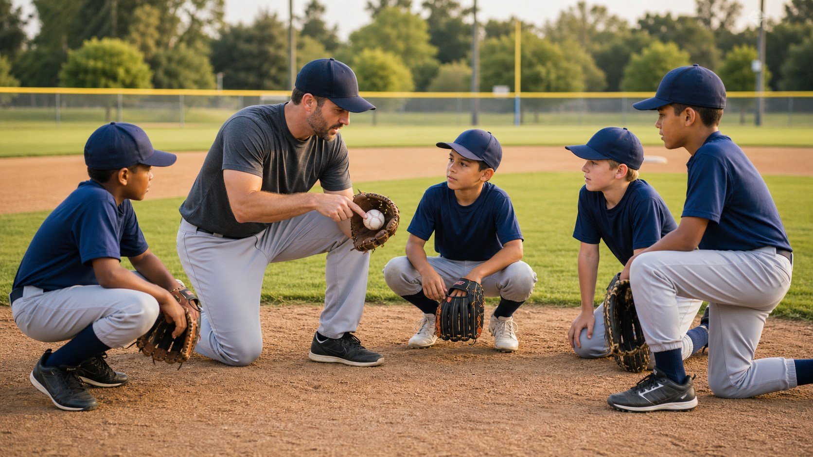 Youth baseball coach guiding a small group of players during an active field practice
