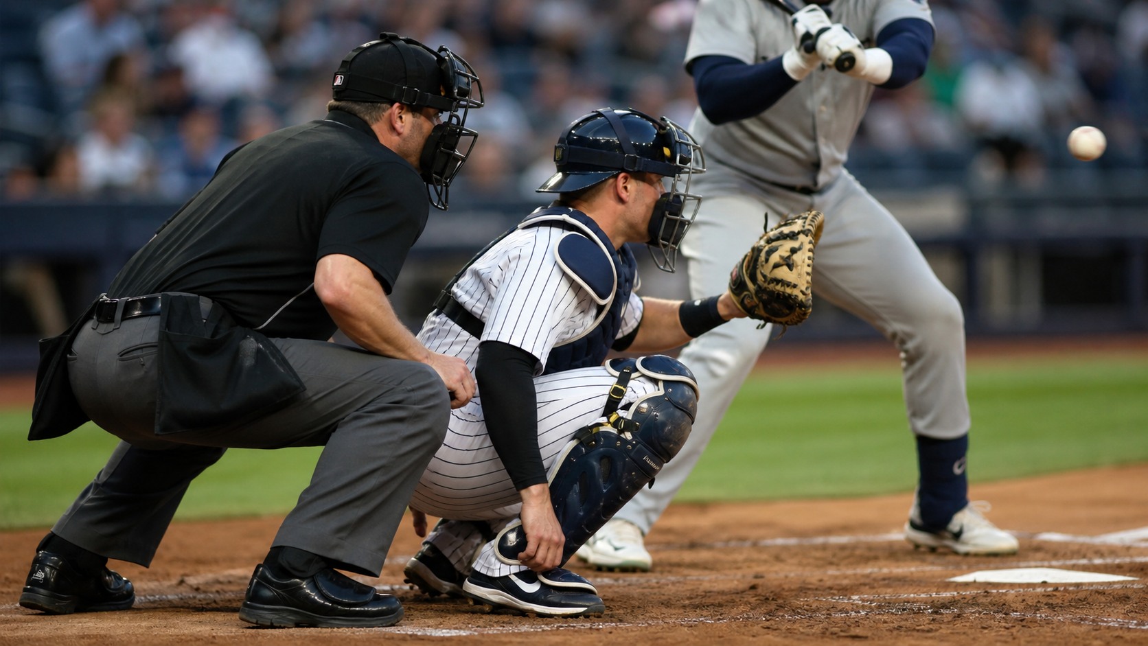 Baseball umpire standing behind a catcher during a pitch with a modern stadium background and no visible text