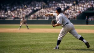 Outfielder making a powerful throw from deep right field toward the infield during a baseball game