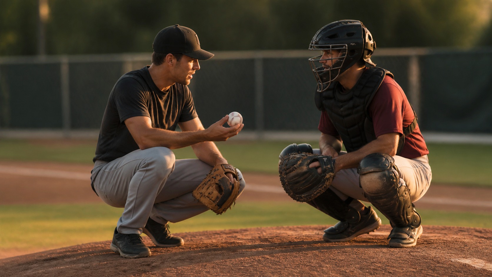 Pitcher and catcher discussing strategy on a bullpen mound during baseball practice