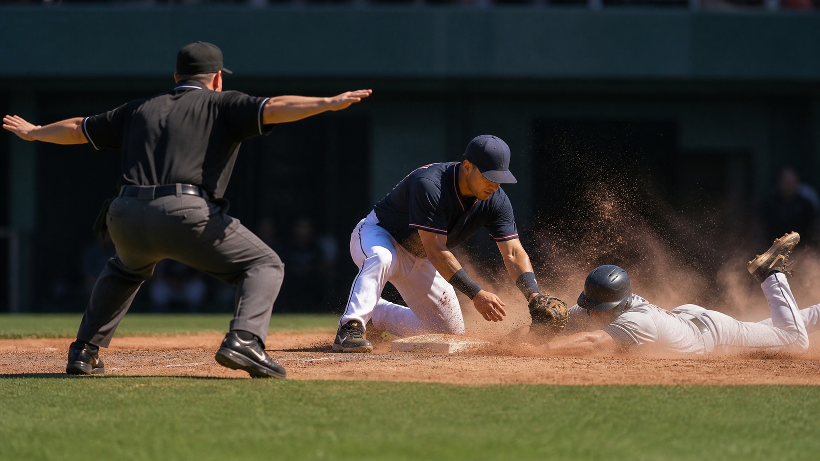 Baseball umpire making a close safe-or-out call at a base during a tense game moment