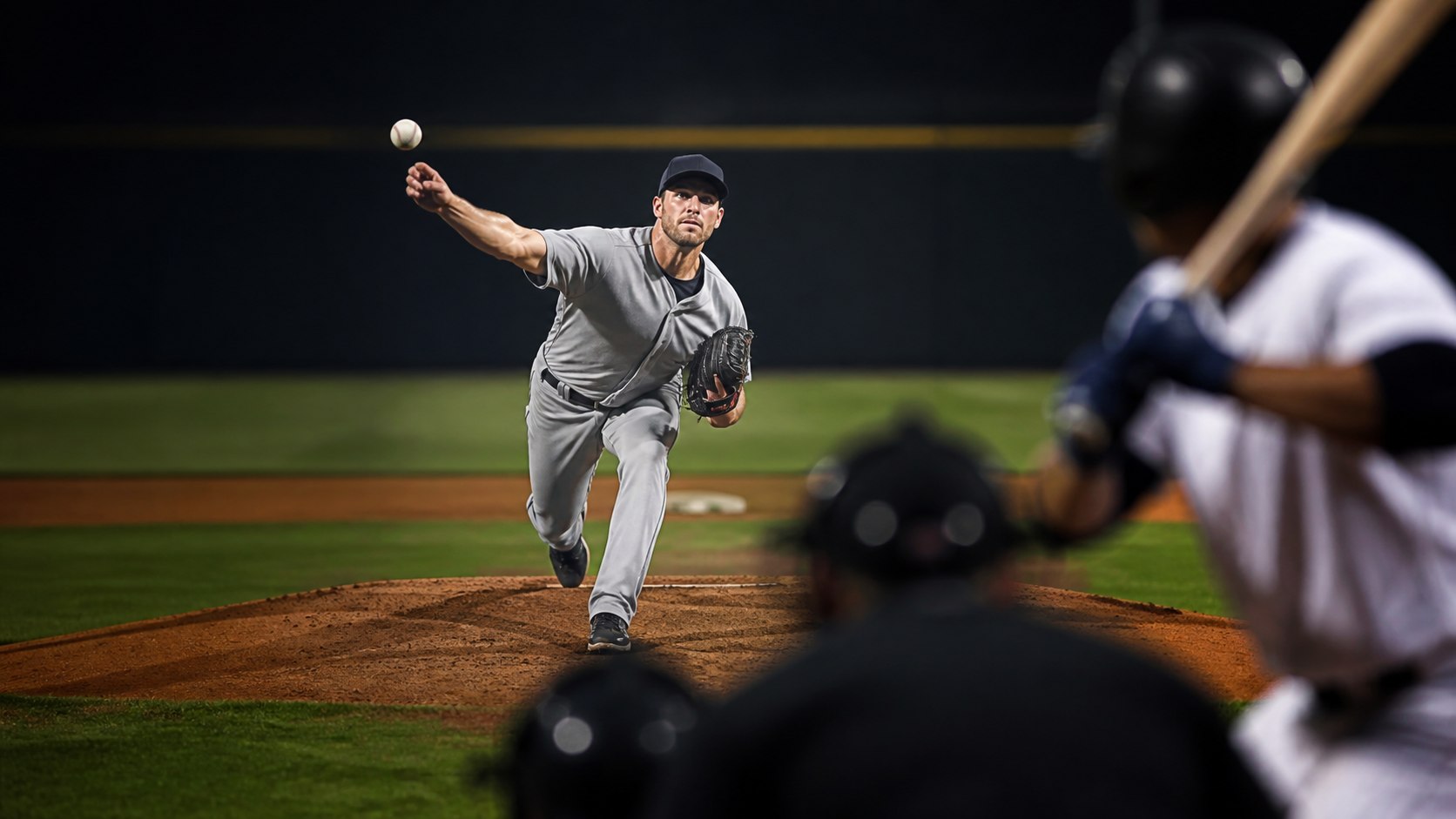 Major league pitcher releasing a baseball with intense focus as the catcher sets a low target under stadium lights