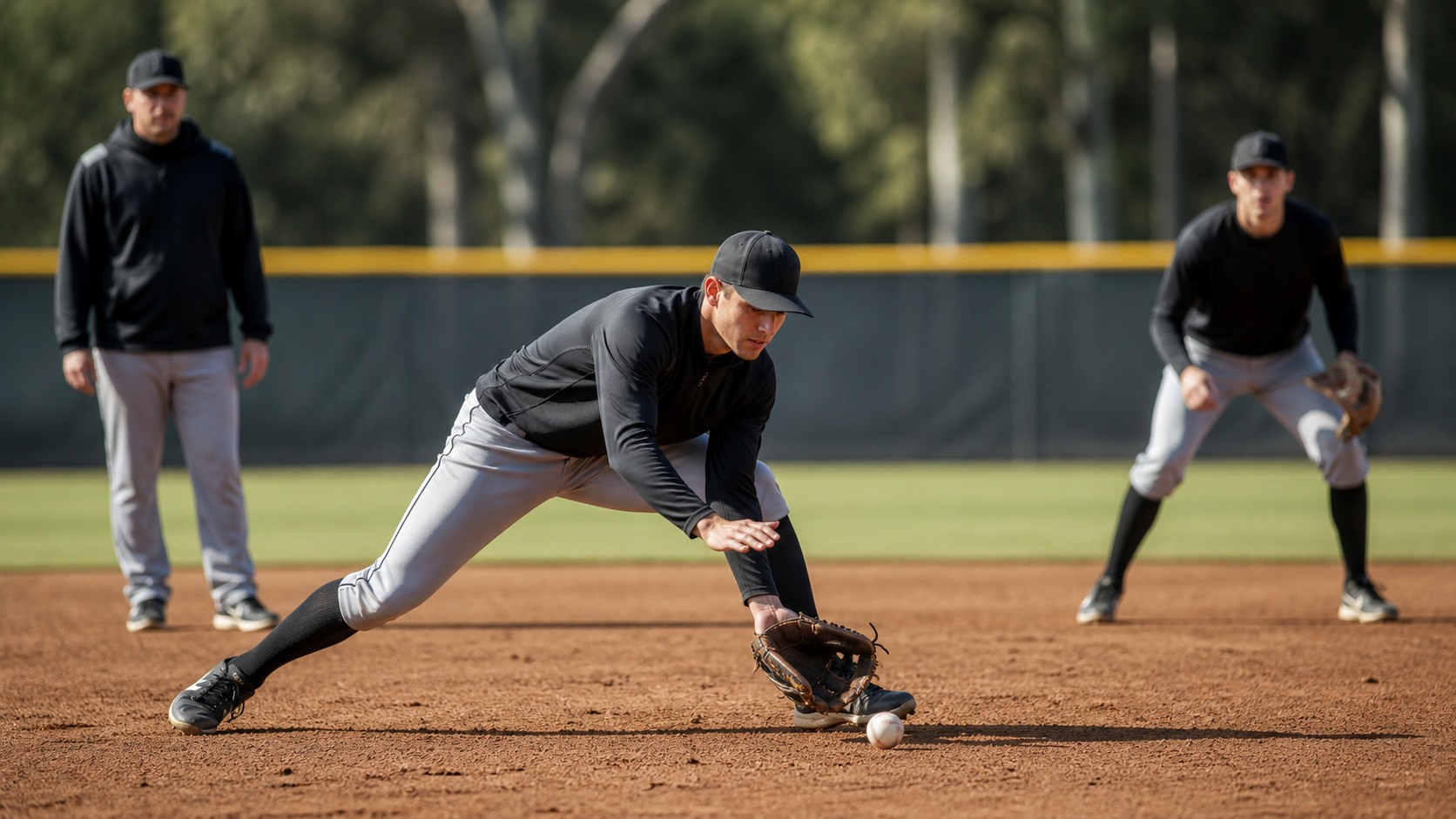 Infielder moving through a complete fielding sequence during baseball practice