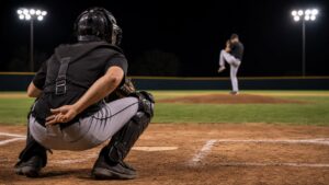 Baseball catcher giving signs from behind home plate while the pitcher waits on the mound during a night game