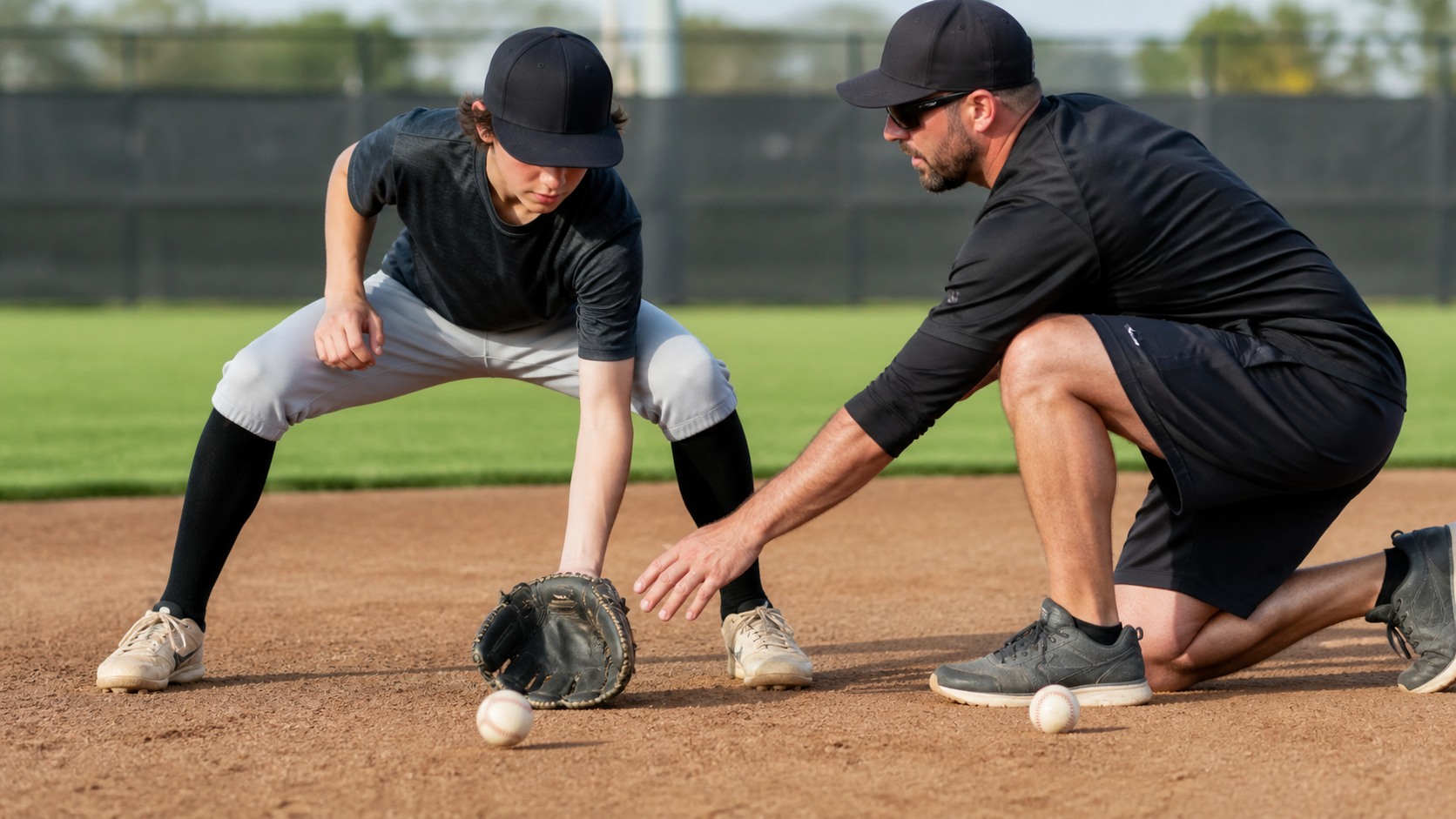 Baseball infielder receiving focused fielding instruction during a quick mechanics practice