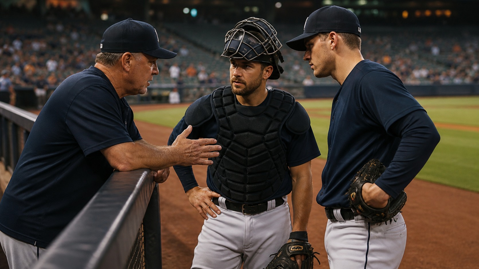 Baseball manager and catcher discussing an intentional walk decision near the dugout during a pressure inning