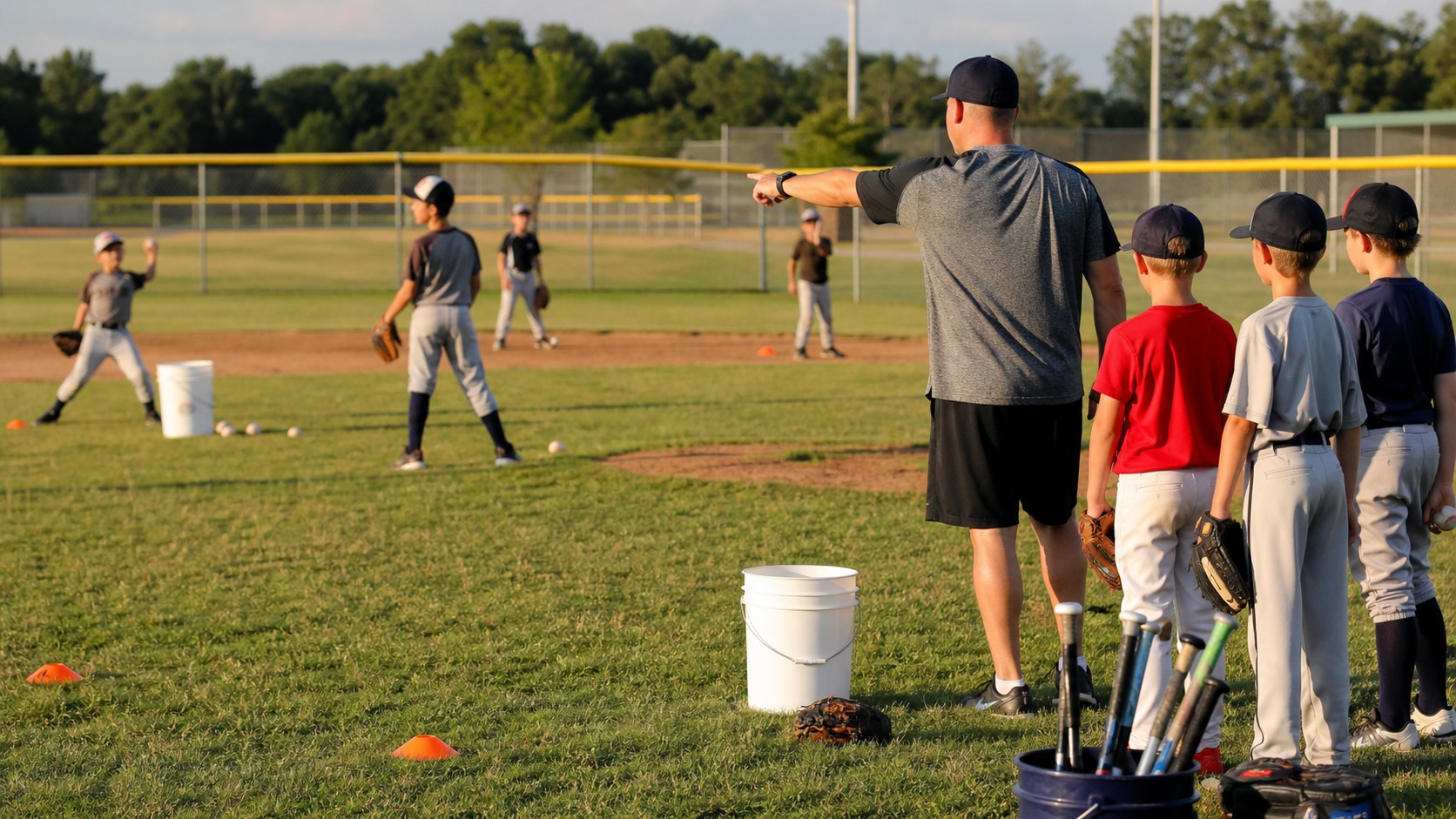 Baseball coach organizing players into practice stations on a field with gloves and baseballs ready