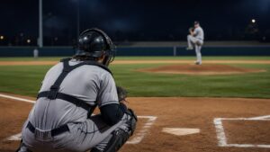 Catcher crouched behind home plate studying the pitcher before calling the next pitch