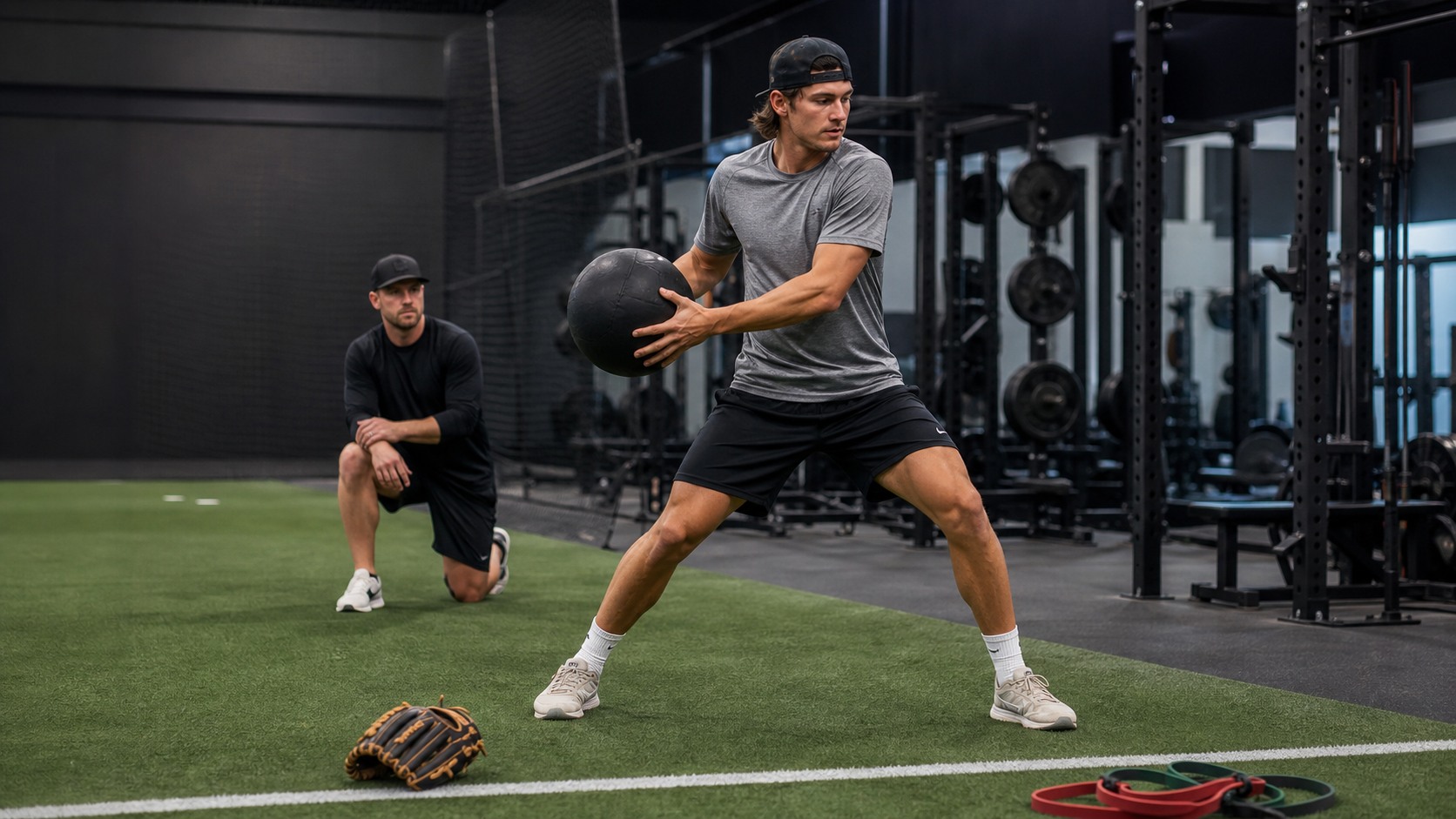 Baseball player doing supervised off-season strength and mobility training with medicine balls and bands