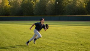 Outfielder sprinting across the grass while tracking a fly ball with a clean route toward the gap
