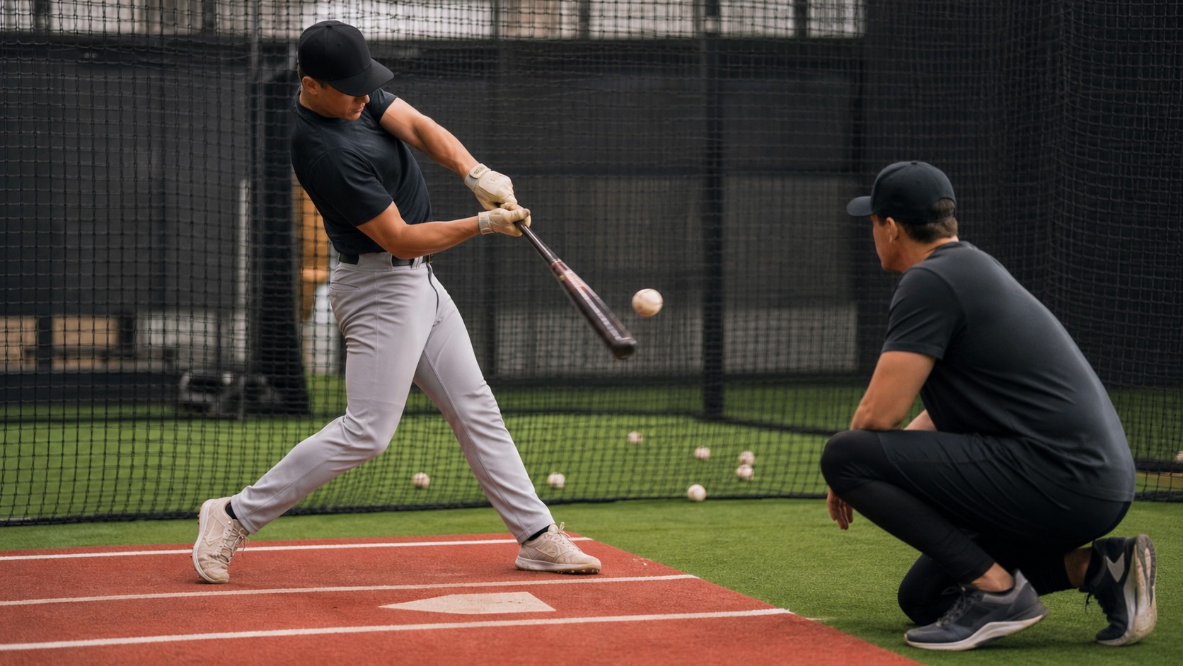 Baseball hitter taking a balanced swing in a batting cage with a coach observing from the side