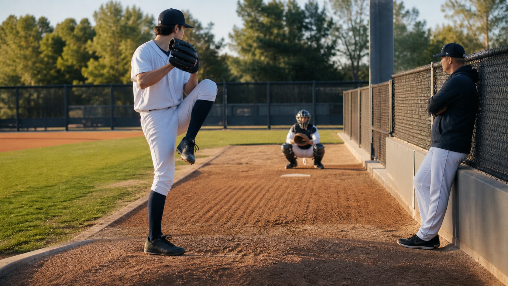 Young pitcher practicing a controlled delivery on a bullpen mound with a catcher ready nearby