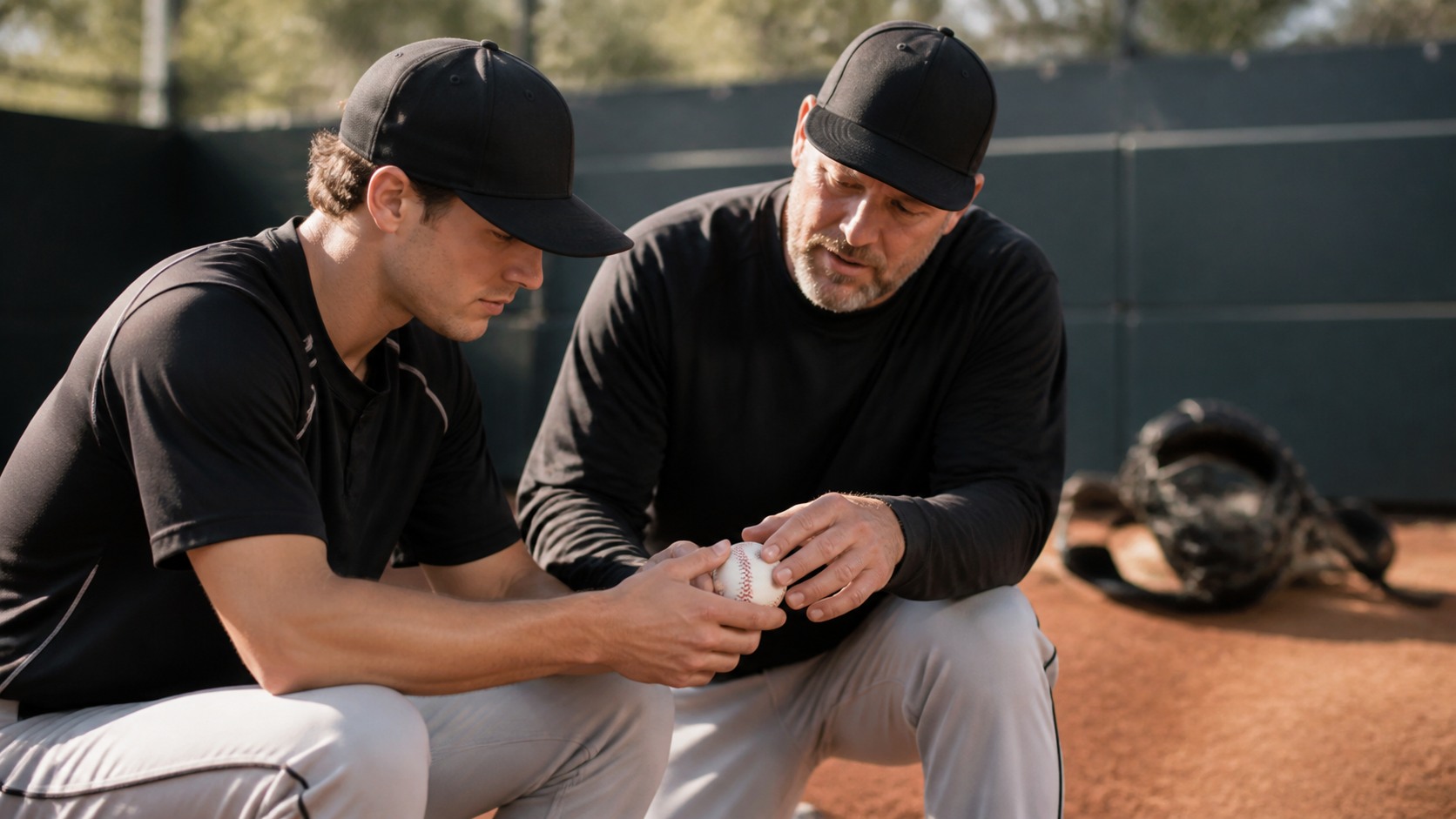 Pitching coach and starting pitcher reviewing grips and strategy together near a bullpen mound