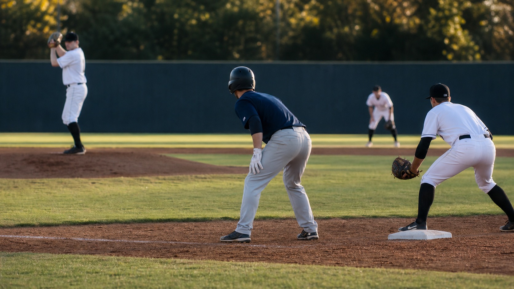 Base runner taking an aggressive lead from first base while watching the pitcher during a baseball game