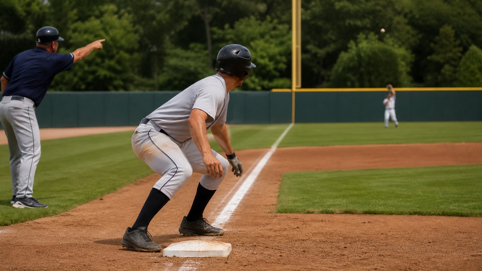 Base runner on third base preparing to tag up as an outfielder settles under a fly ball
