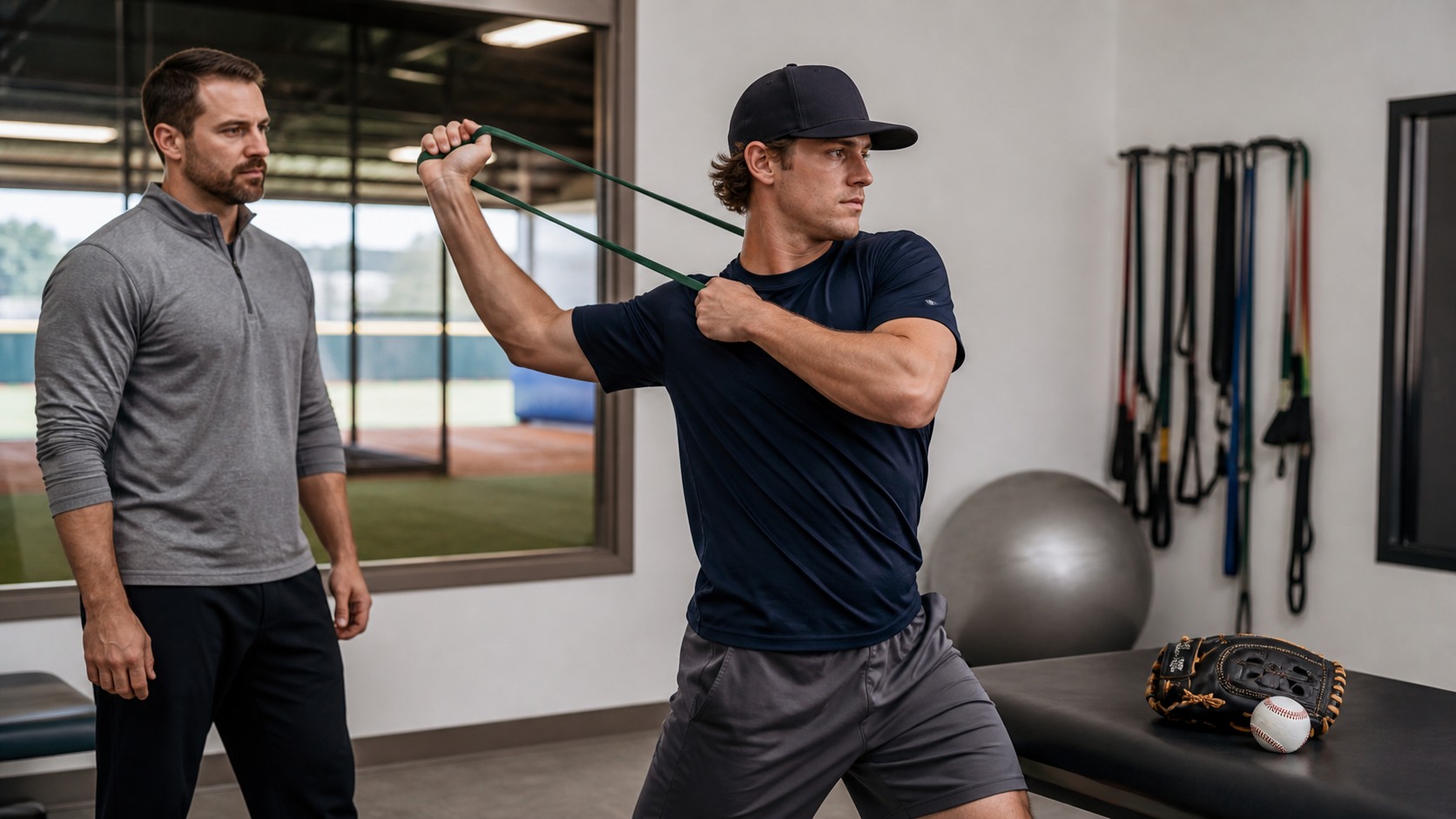 Baseball pitcher doing supervised arm rehab exercises with a trainer in a sports medicine setting
