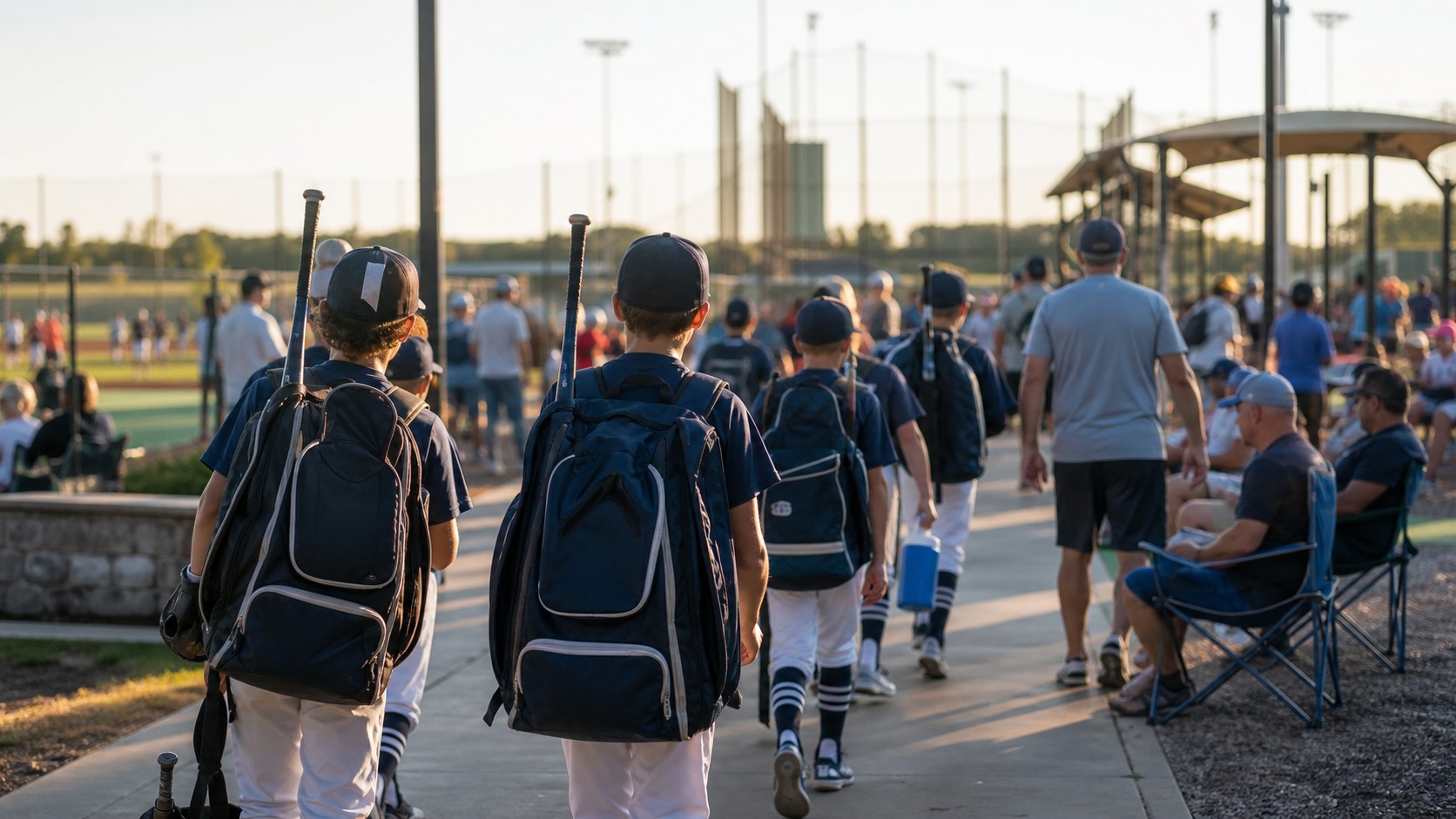 Youth baseball players with gear bags walking toward a tournament field with parents nearby