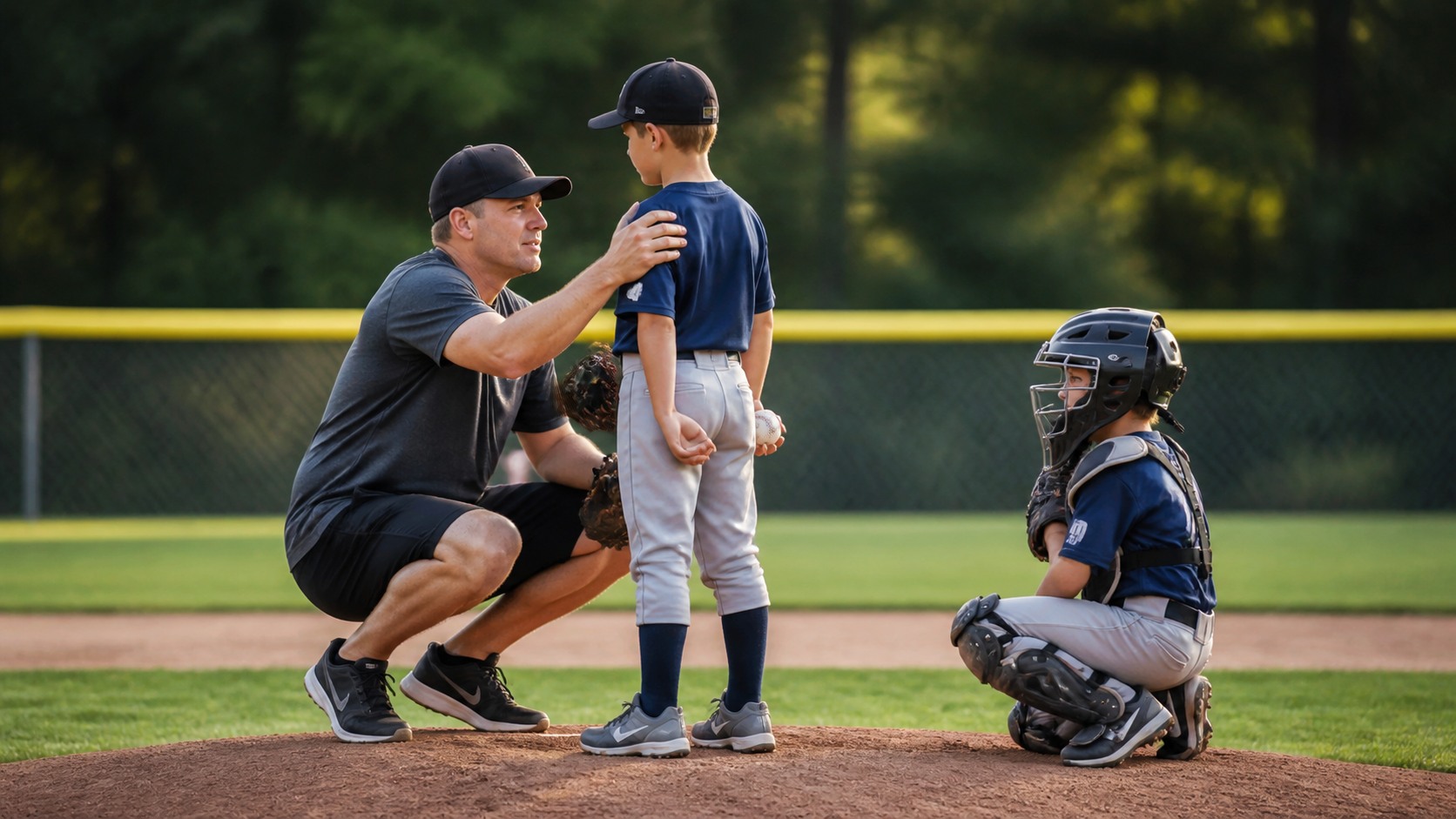 Youth baseball coach checking on a young pitcher near the mound during a calm practice moment