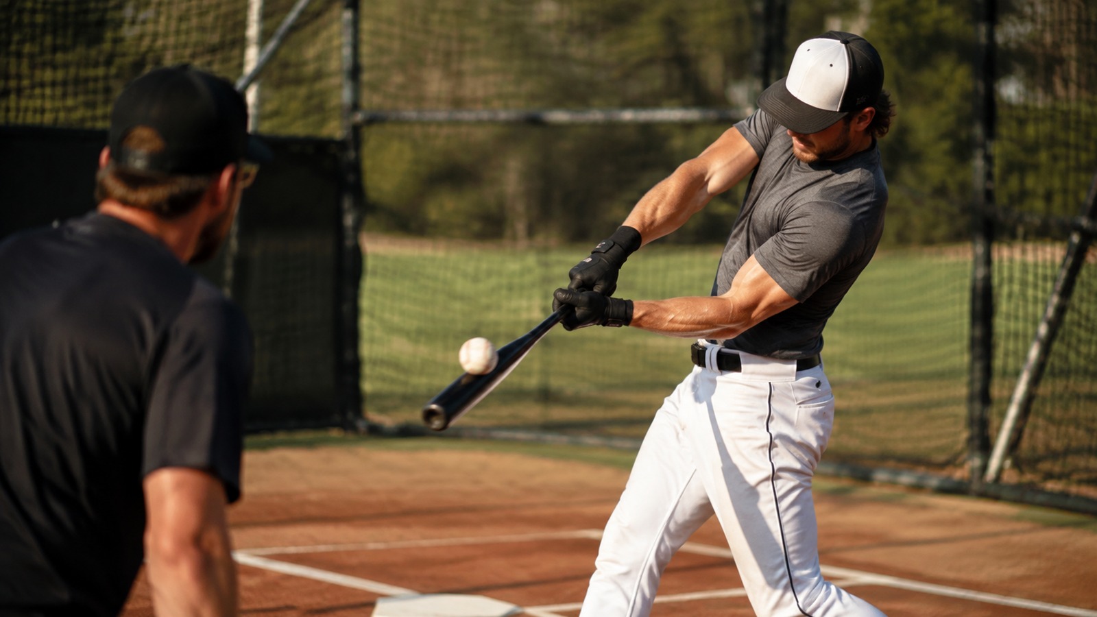 Hitter making contact during batting practice with body rotation and barrel path clearly visible