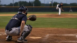 Catcher receiving a pitch during practice while guiding the pitcher with a steady target